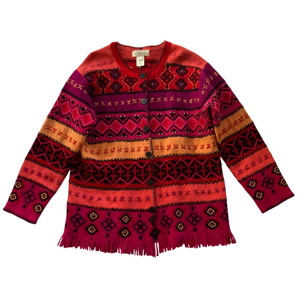 Vintage Y2K Susan Bristol Artsy Wool Cardigan Sweater Hand Embroidered Fringe